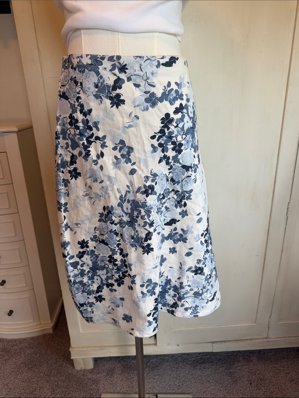 Anthropologie White Skirt with Blue Floral Print